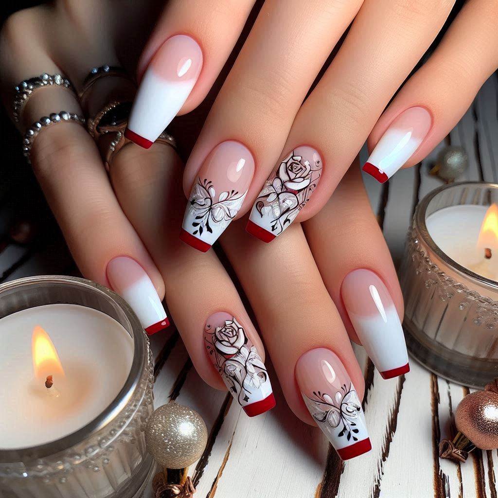 Step-by-step white nails with red tips