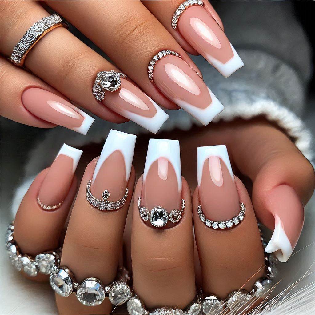 Square French Nails with Jewel Accents