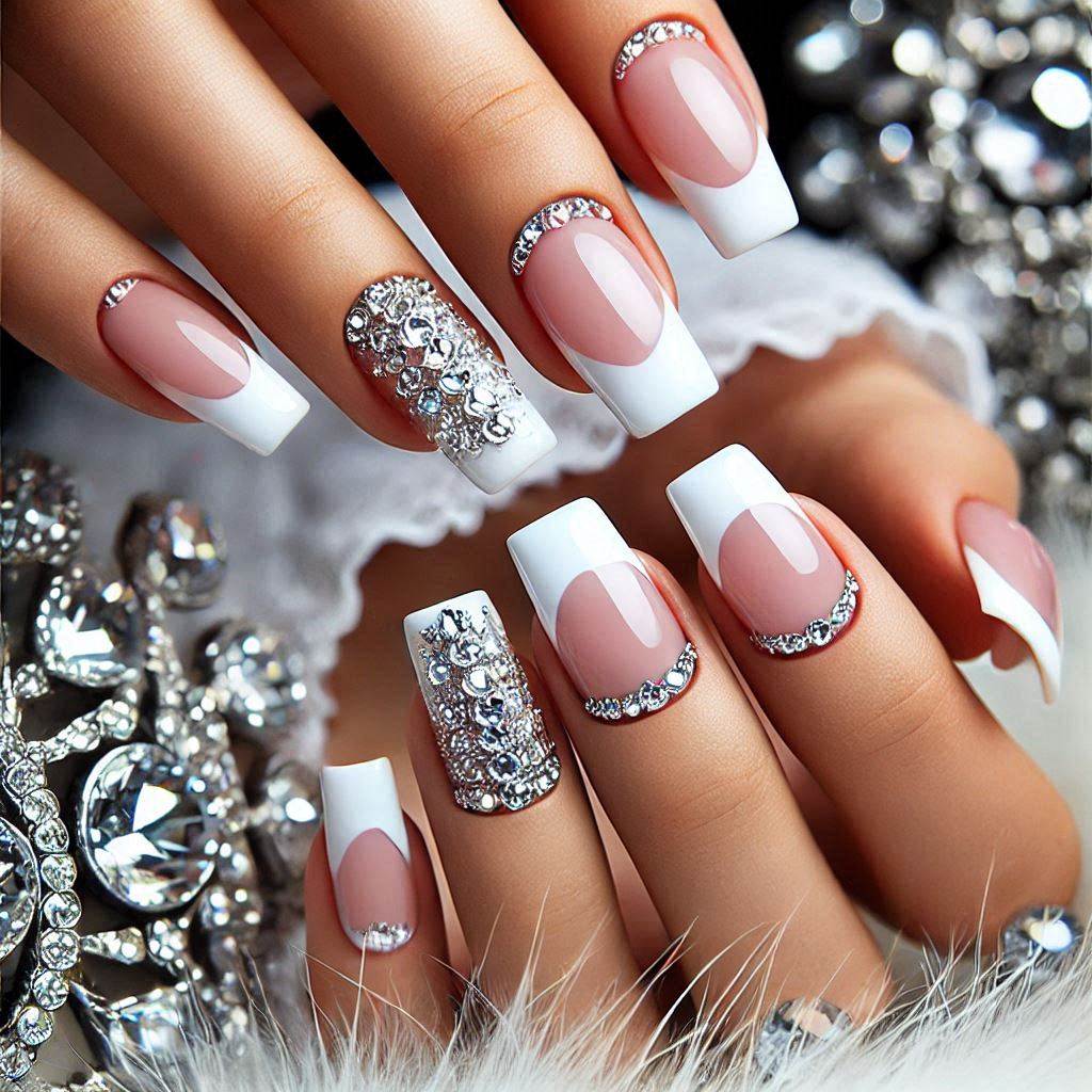 Elegant Acrylic French Tips with Rhinestones