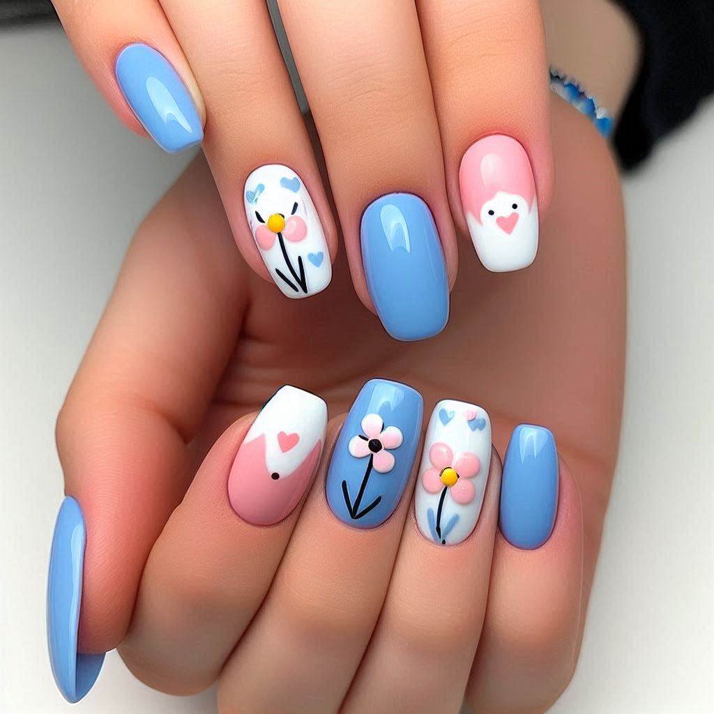 Short Blue Nails with White and Pink Art