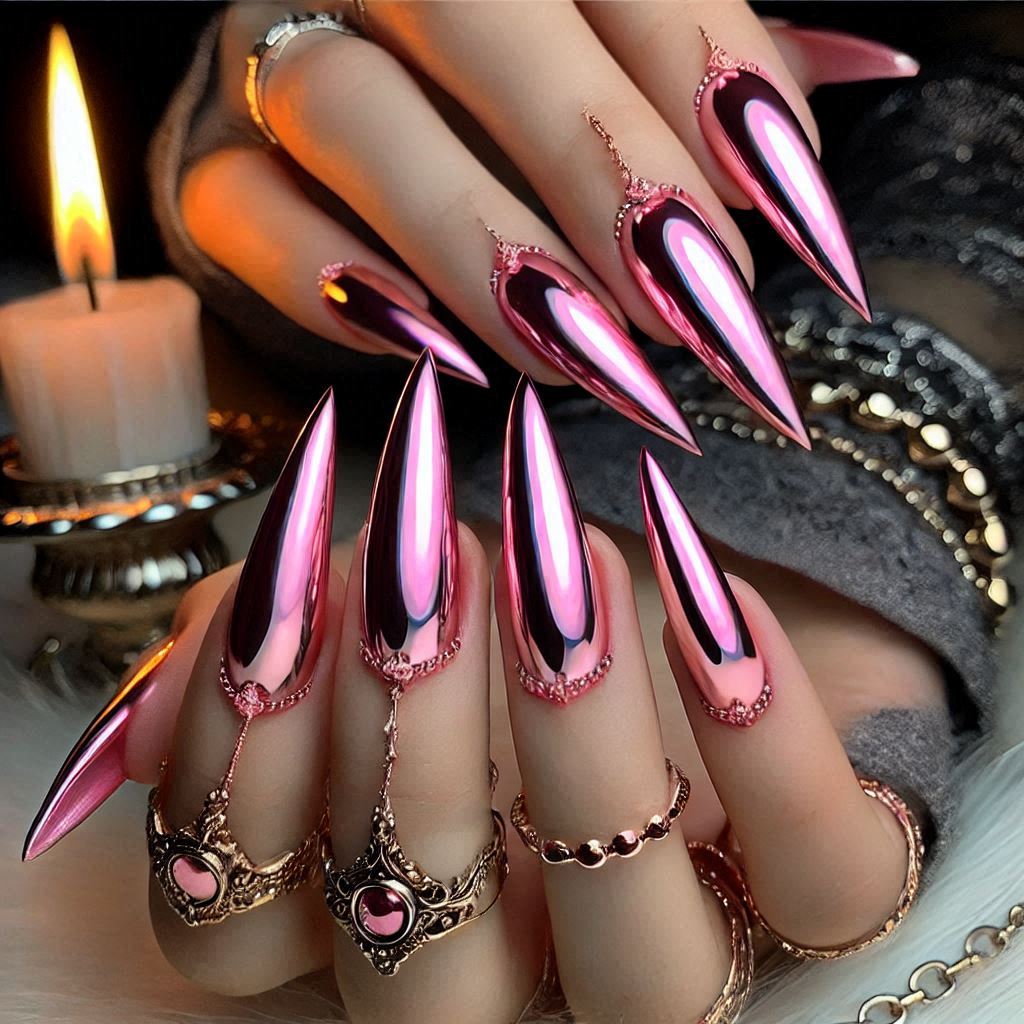 Simple Chrome Pink Stiletto Nails