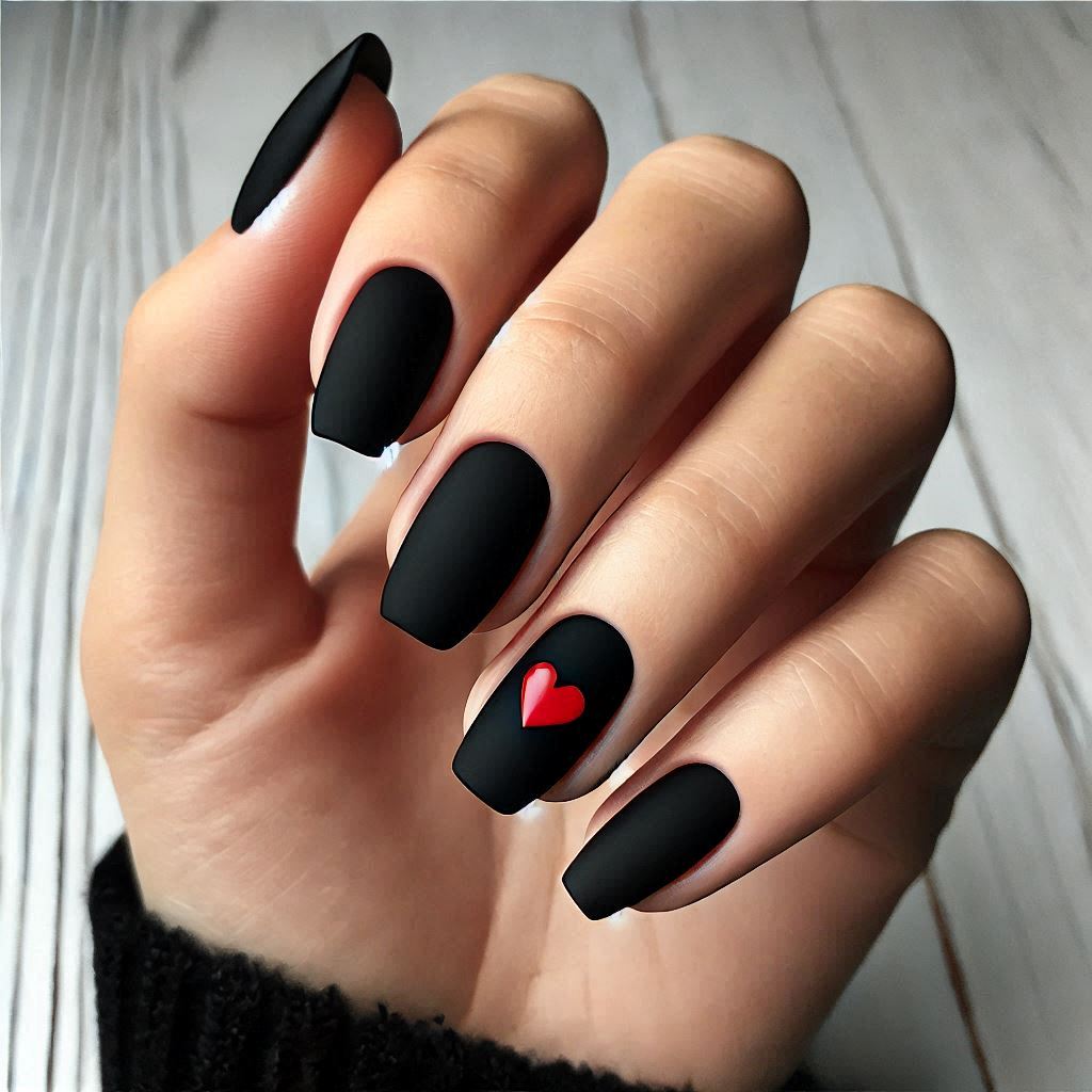 Simple black nails with red hearts