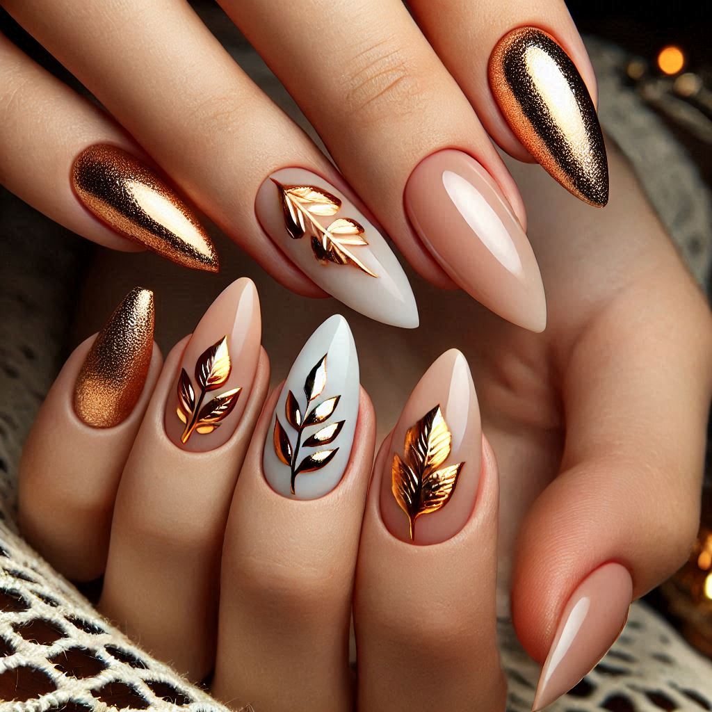 Elegant Fall Leaf Accent Almond Nails