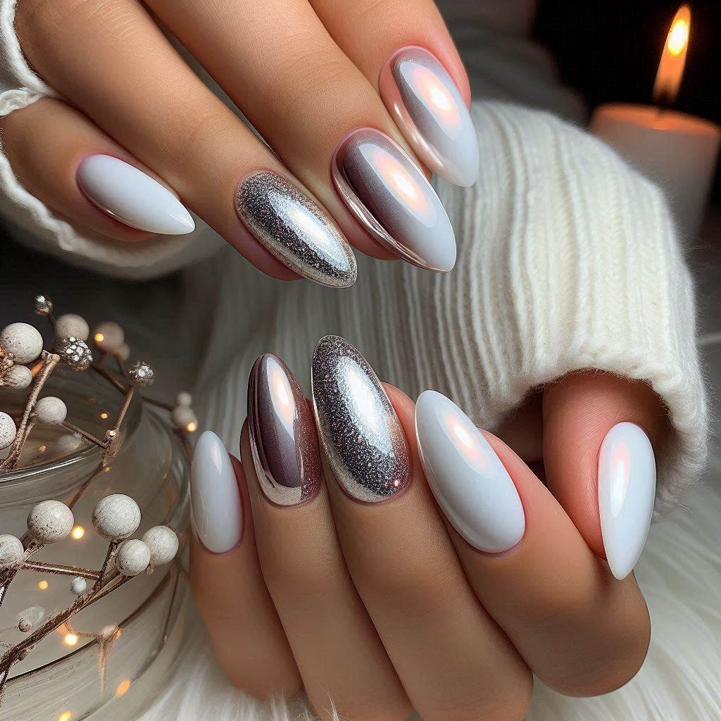 Classy White Chrome Almond Nails