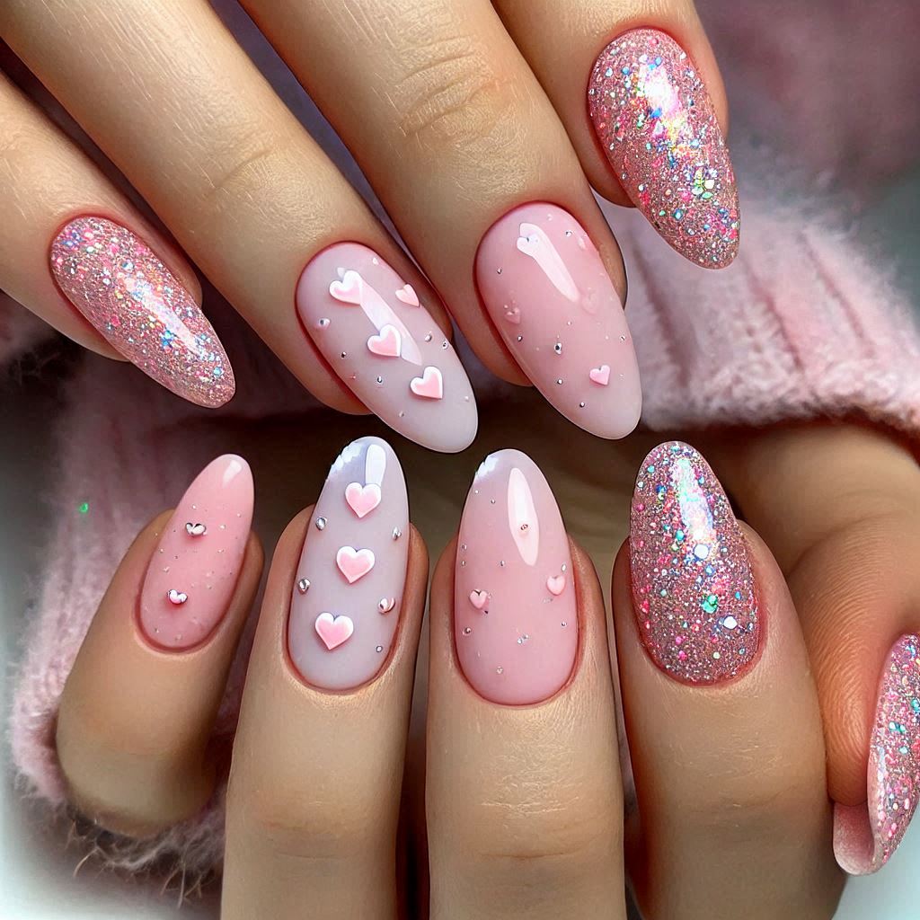 Pink Glitter Nails with Tiny Heart Designs