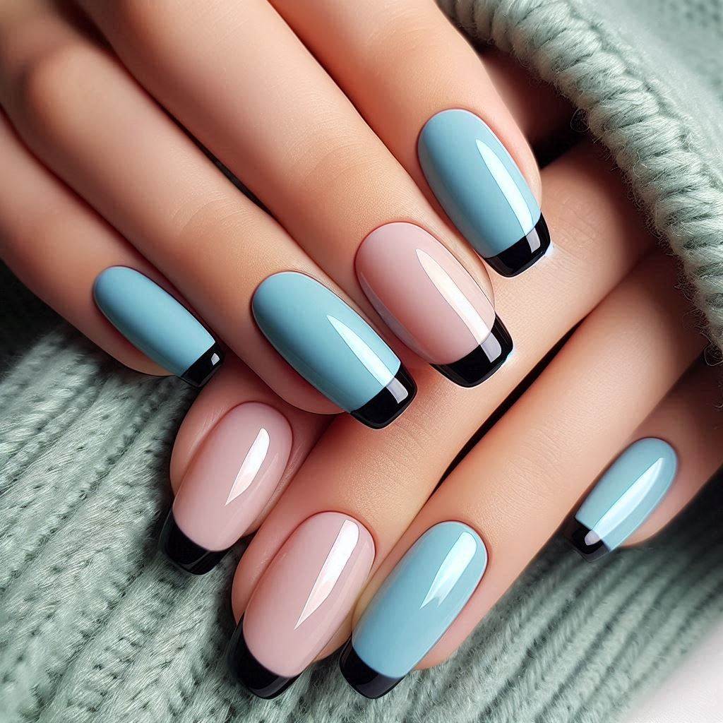 Simple Tiffany Blue with Black French Tip