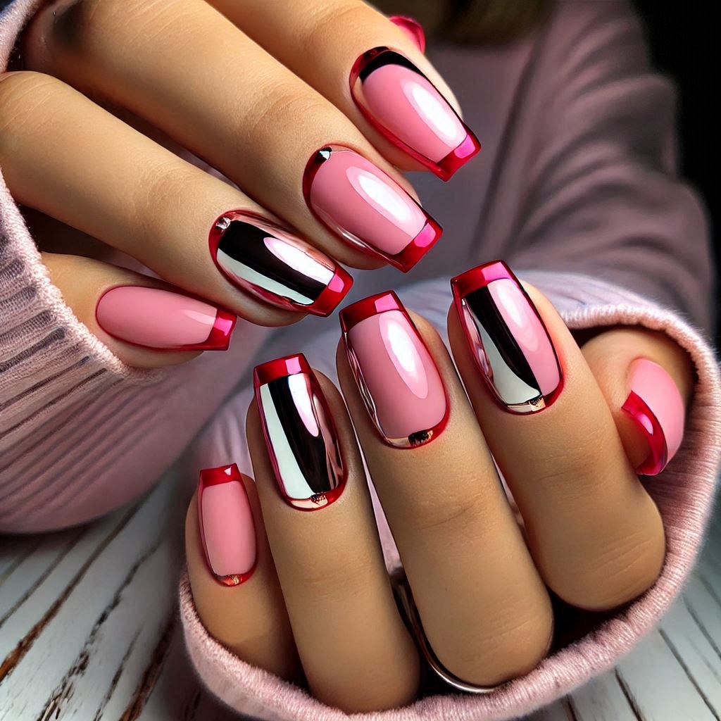 Short Pink Nails with Red Chrome Tips