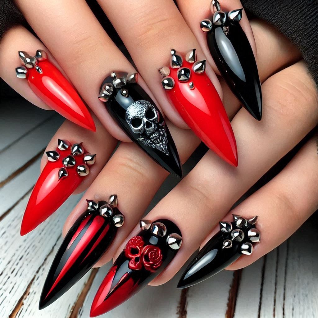 Gothic red and black nails with spikes