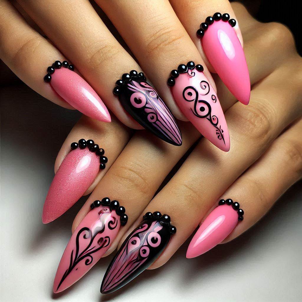 Hot Pink and Black Gel Almond Nails