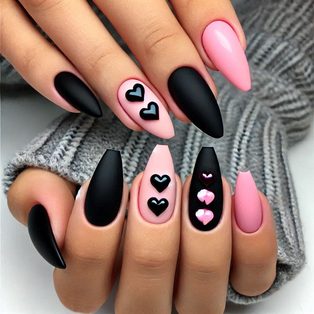  3D Heart Accents on Matte Nails