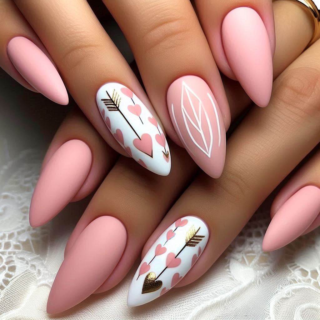 Almond Pink Nails with Heart and Arrow Design