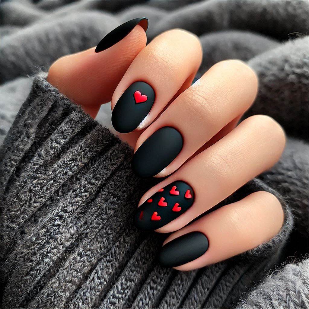 Simple Matte Black with Red Hearts on Short Nails