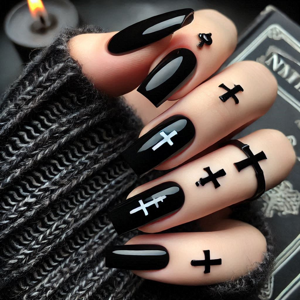 Black square nails with gothic cross