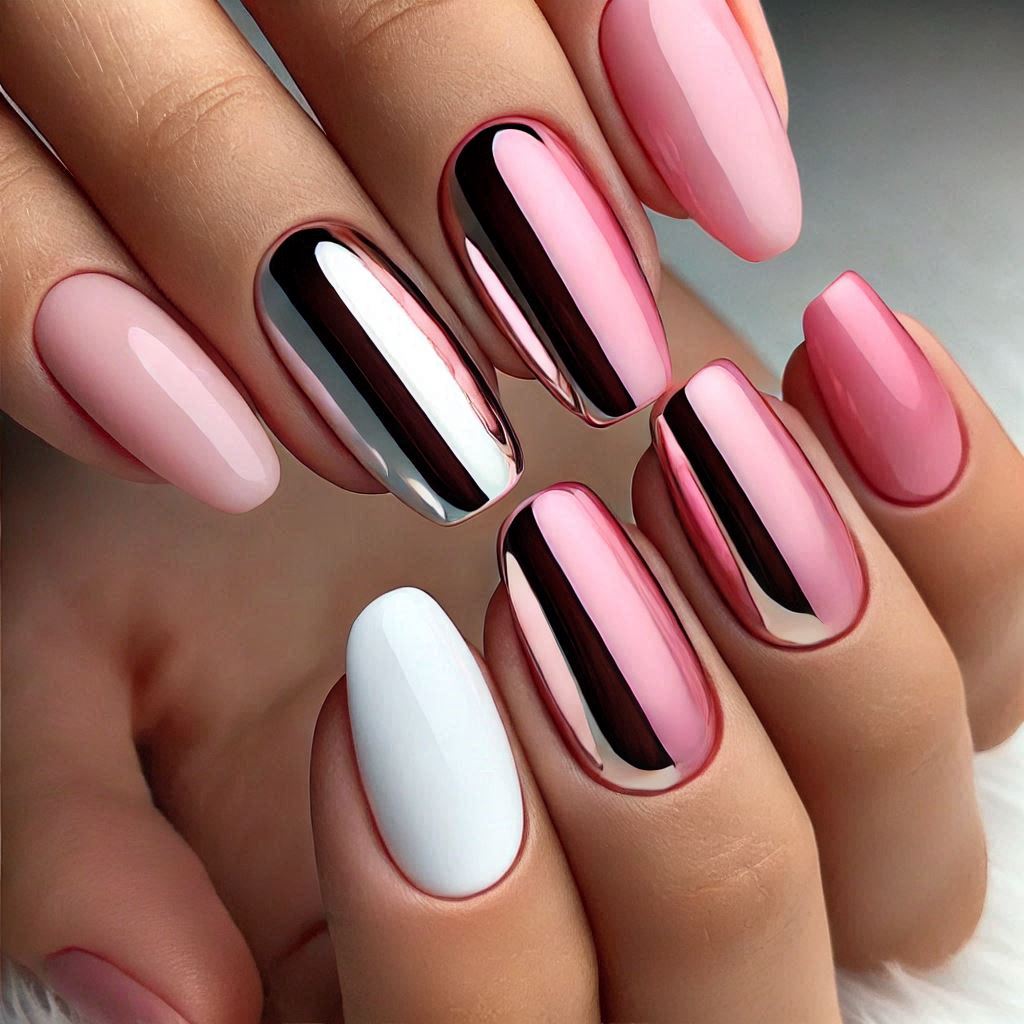 Pink Chrome and White Nails