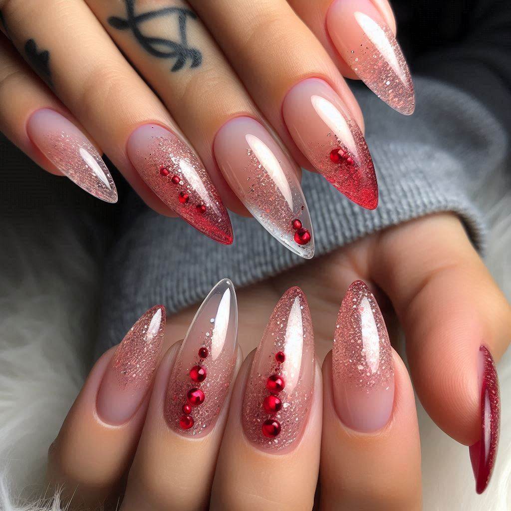 Gel Almond Nails with Red Glitter Accents