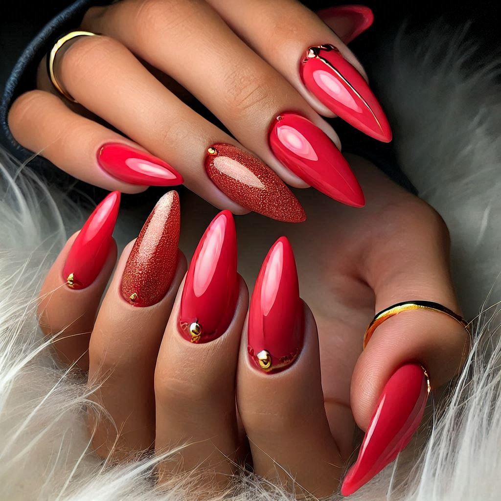 Spicy Red Almond Nails with Gold Accents