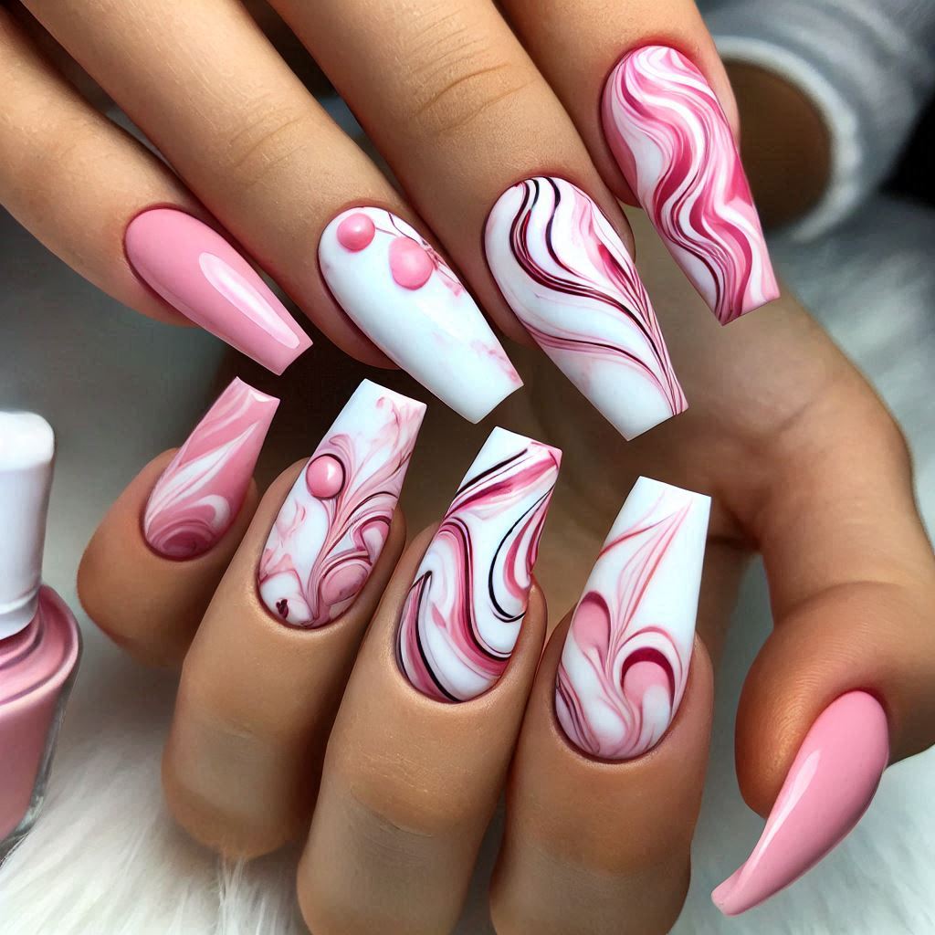  Pink and White Marble Nails