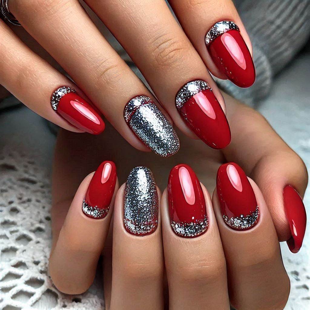 Short red nails with silver glitter