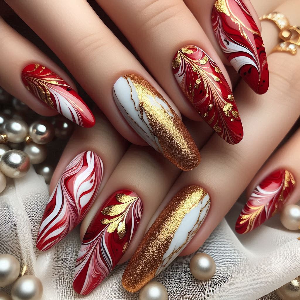  Red and Gold Marble Nails