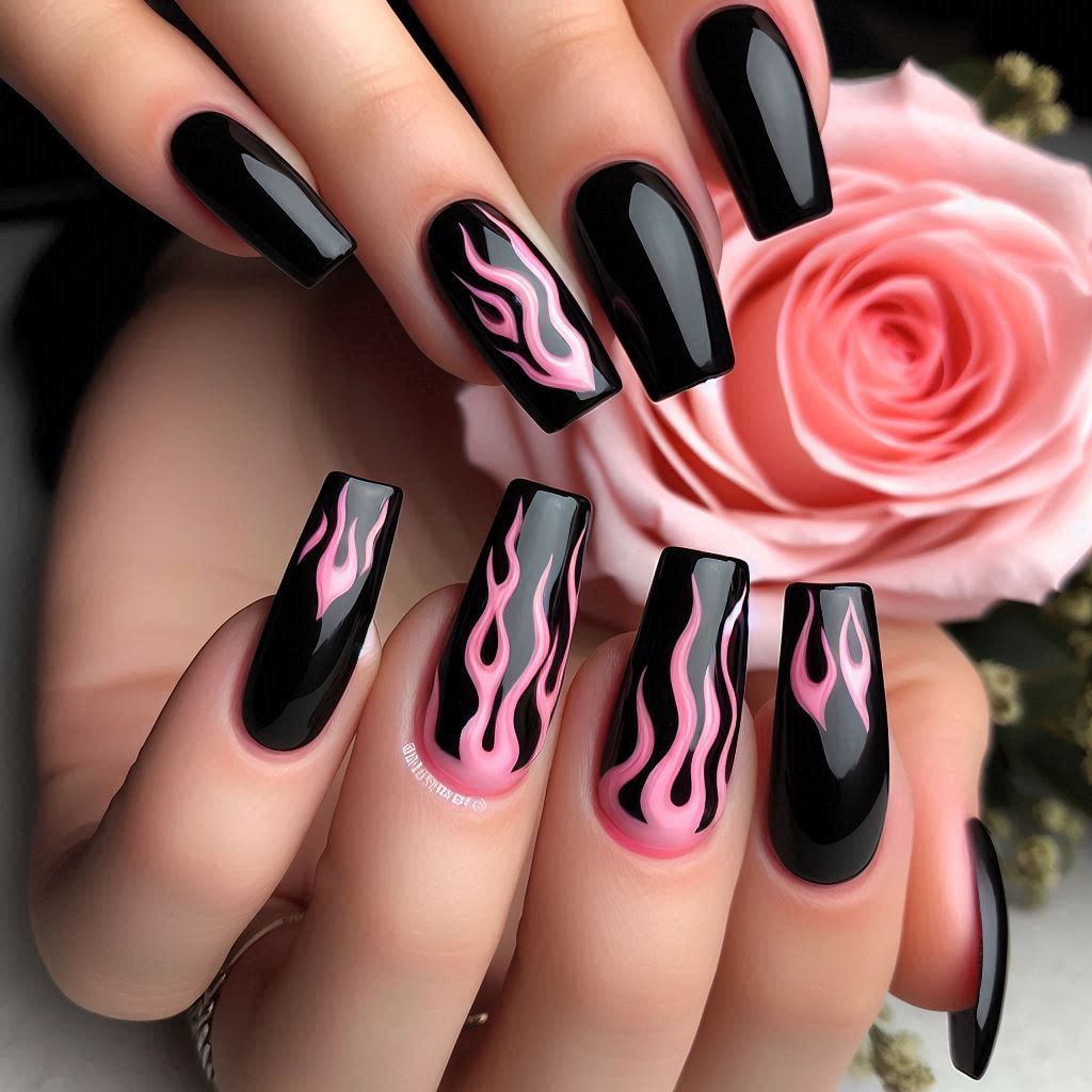 Black Square Nails with Pink Flame Art