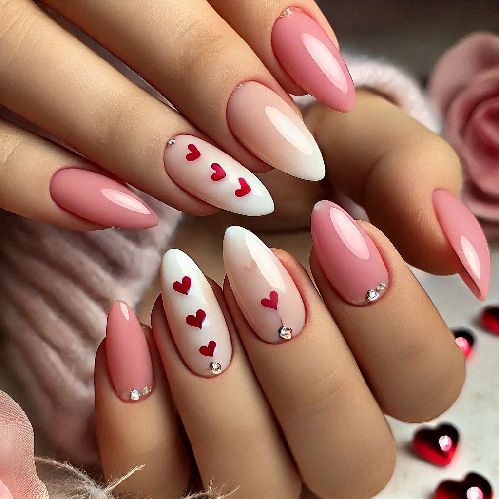 Small almond French tips with tiny hearts