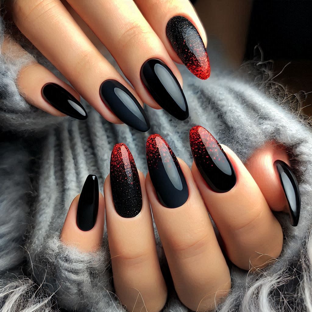 Simple Black Nails with Red Glitter Tips