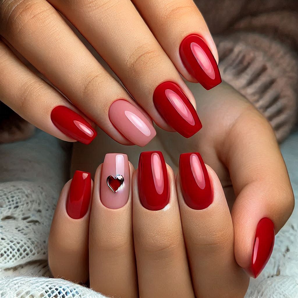 Short Red Nails with Heart Detail