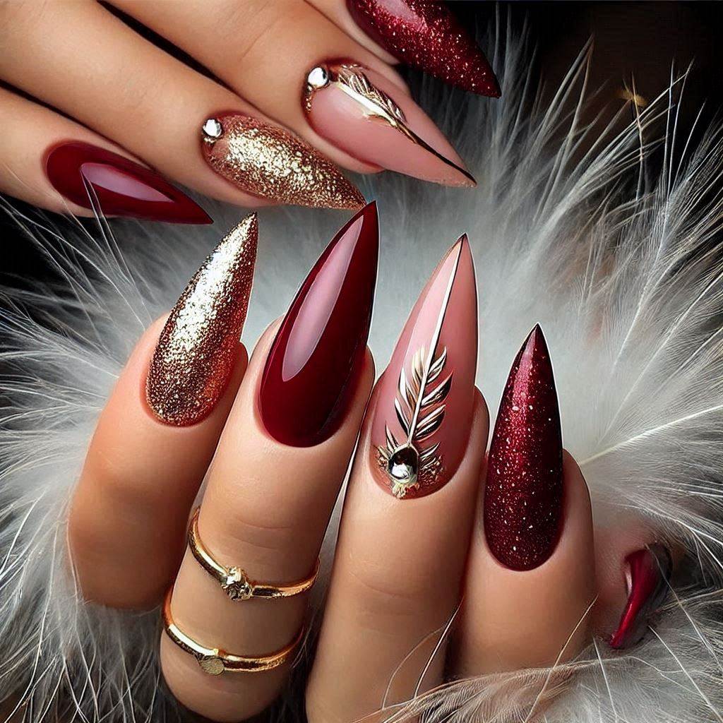 Red and Gold Stiletto Nails