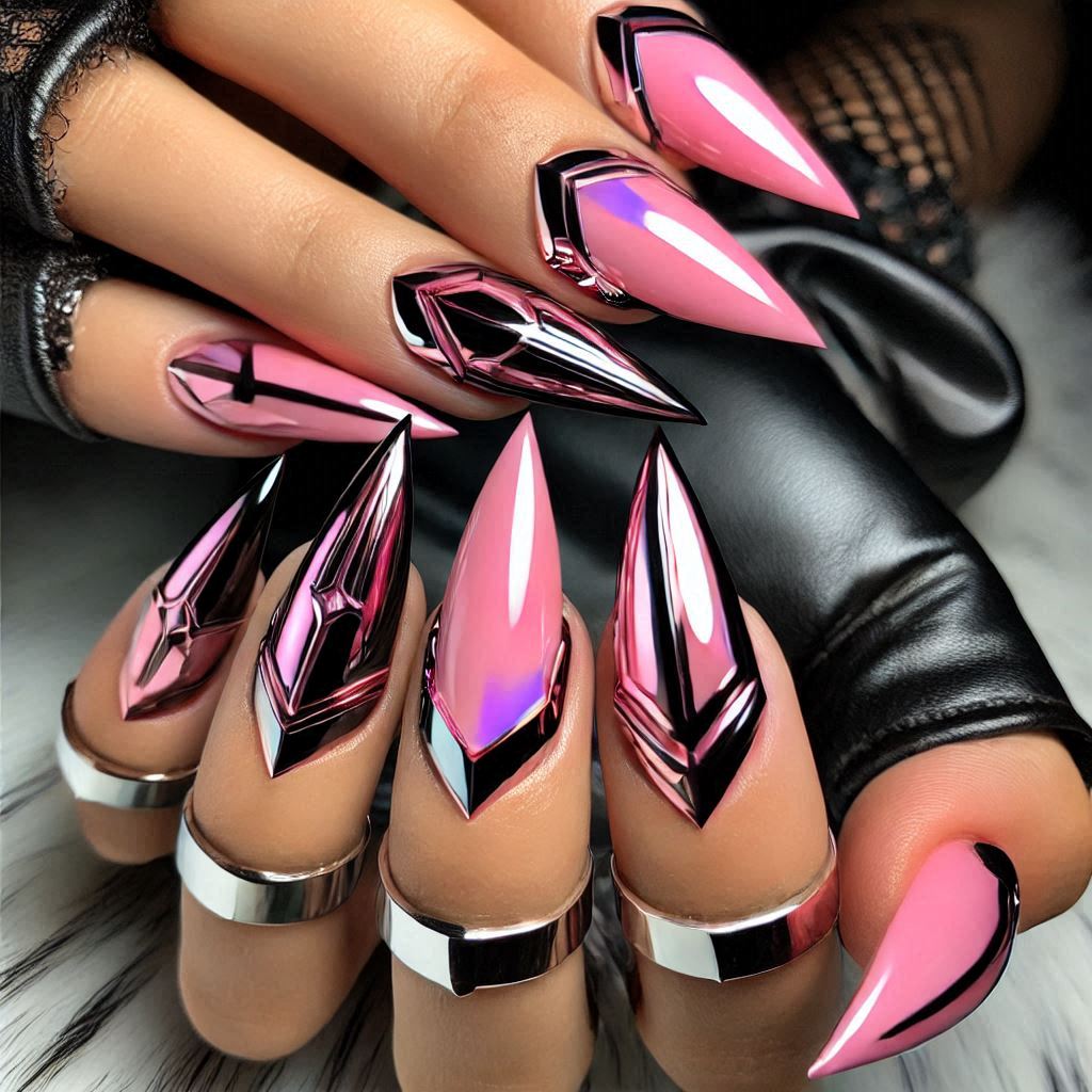 Geometric Pink Chrome Nails