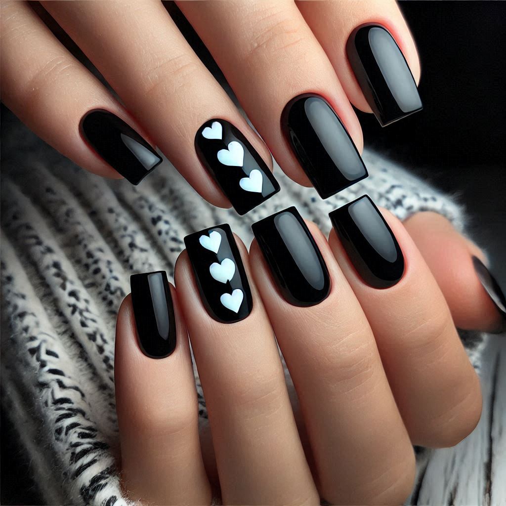 Black square nails with simple heart designs