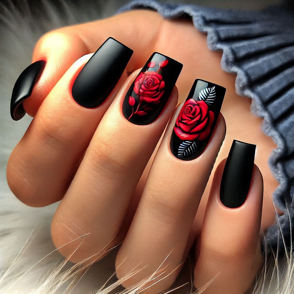 Short square black nails with red roses