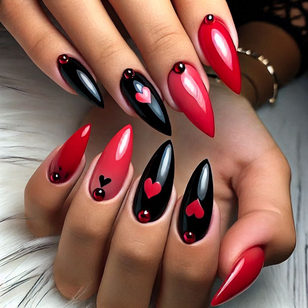 Red and Black Acrylic Almond Nails