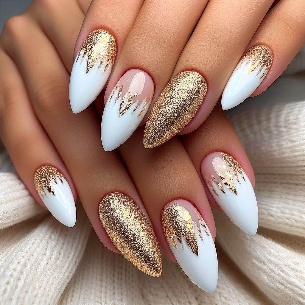 Almond Nails with White and Gold Glitter