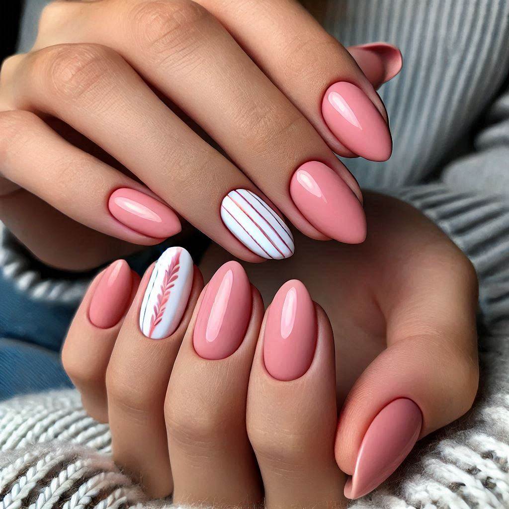 Almond short pink nails with minimal stripes 