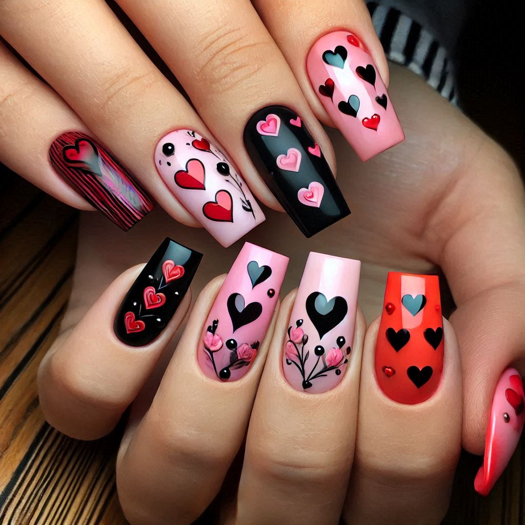 Red, pink and black heart designs on short square nails