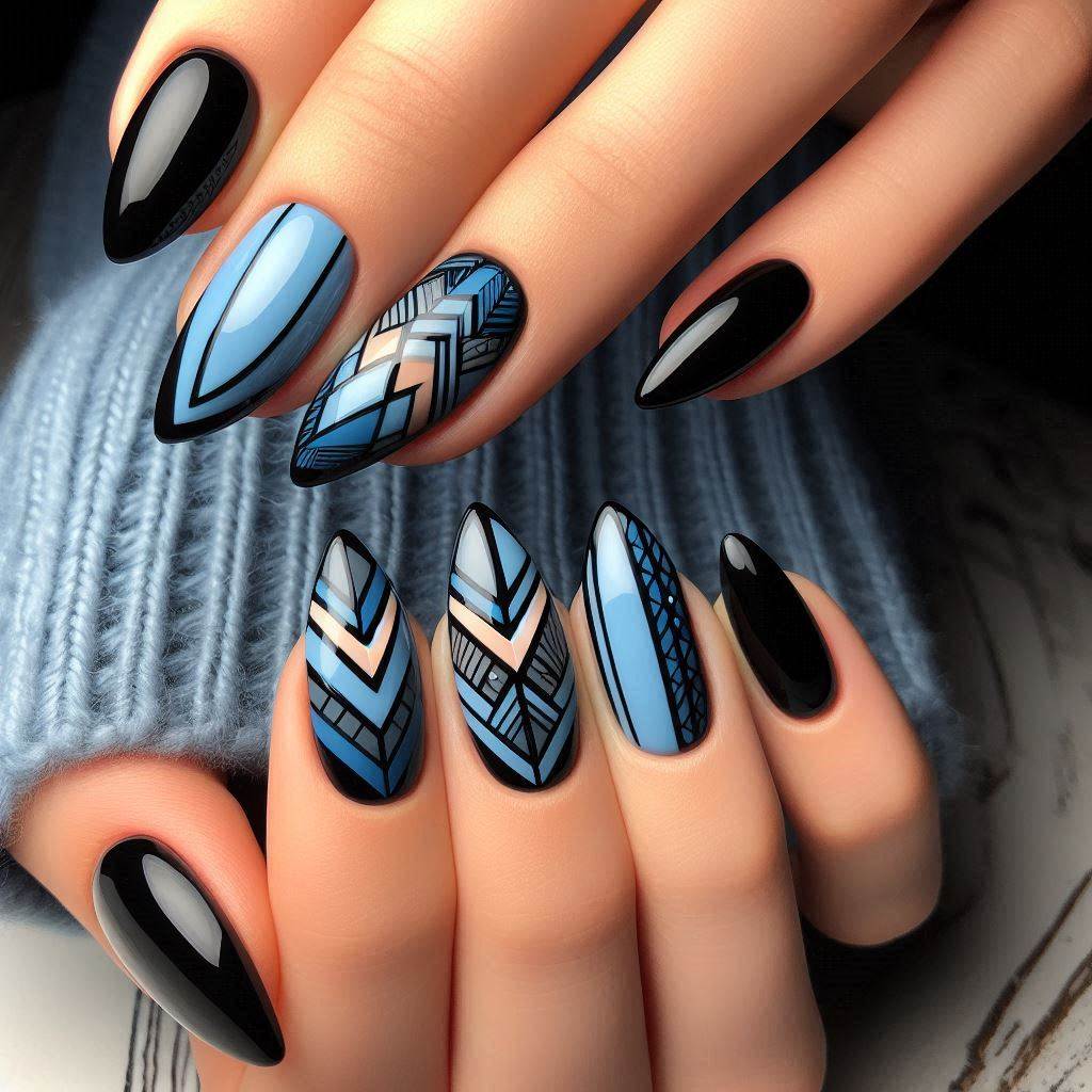 Blue and Black Geometric Nail Art