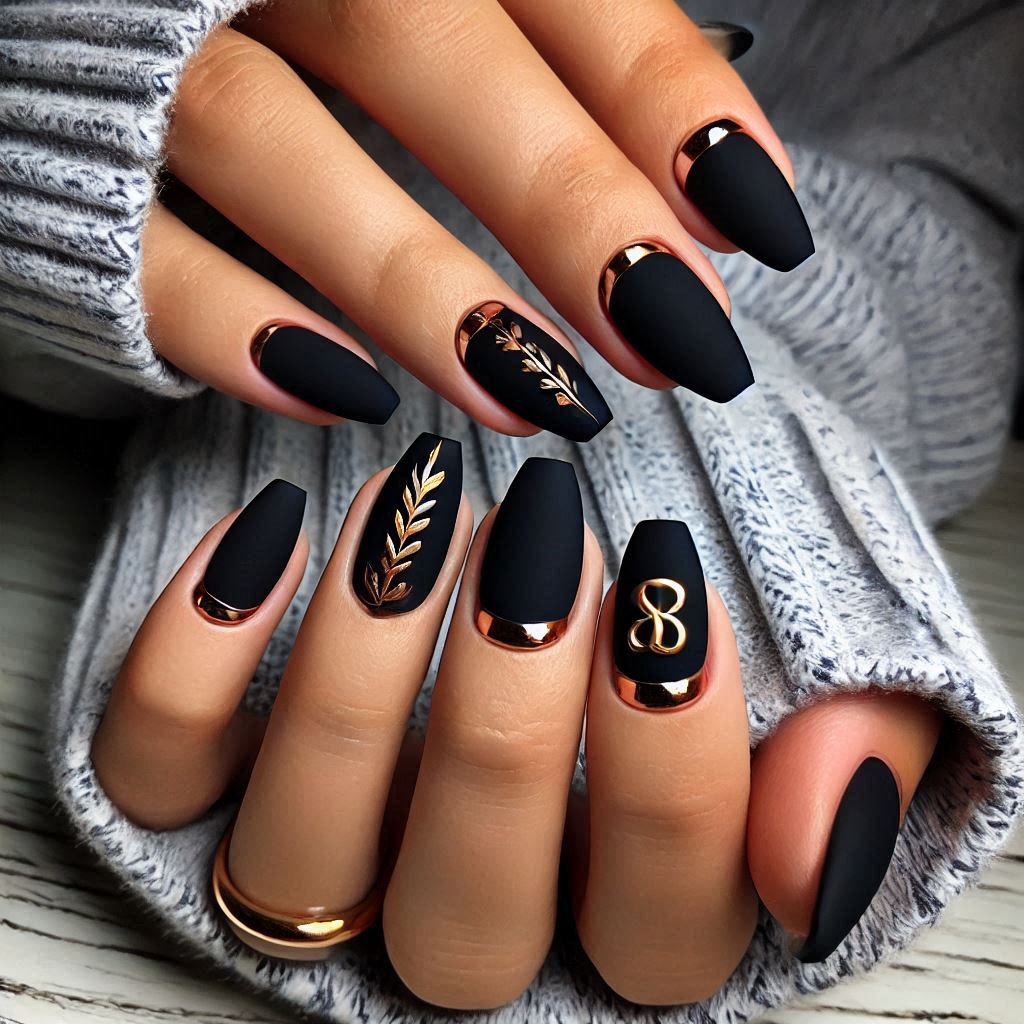 Black matte nails with gold initial