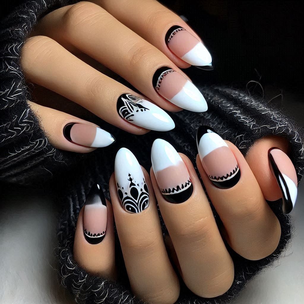 Black and White French Tip Almond Shaped Nails