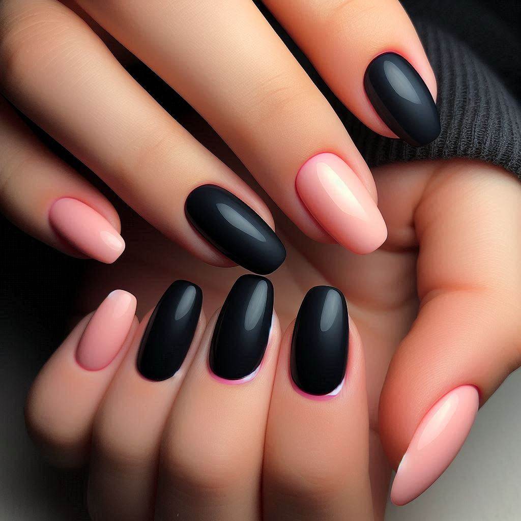Simple Short Black Nails with Pink Tips