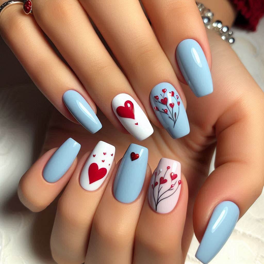 Powder Blue with Red and White Heart Art