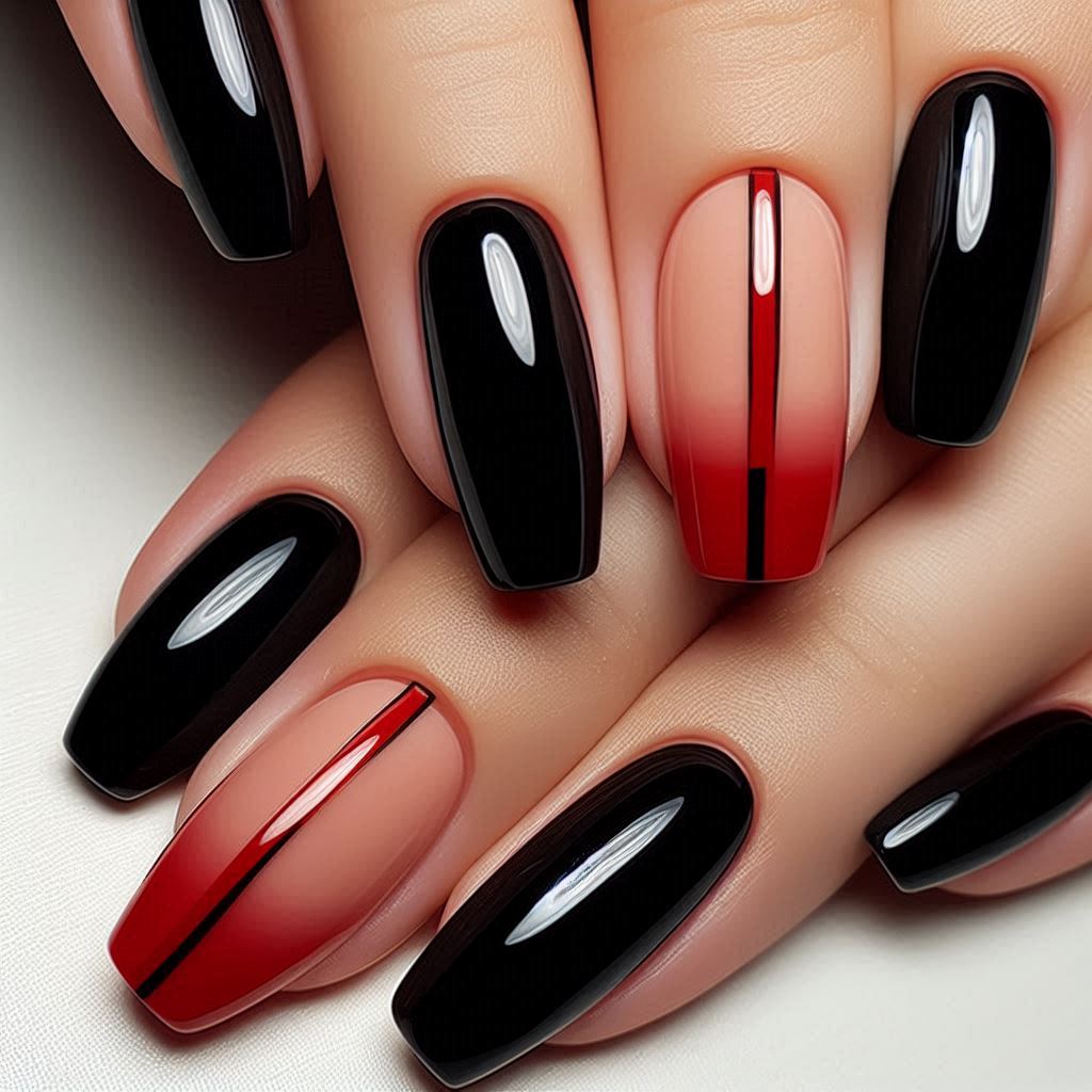 Trendy Black and Red Split Nails