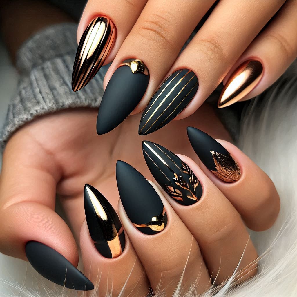 Metallic Gold and Black Almond Nails