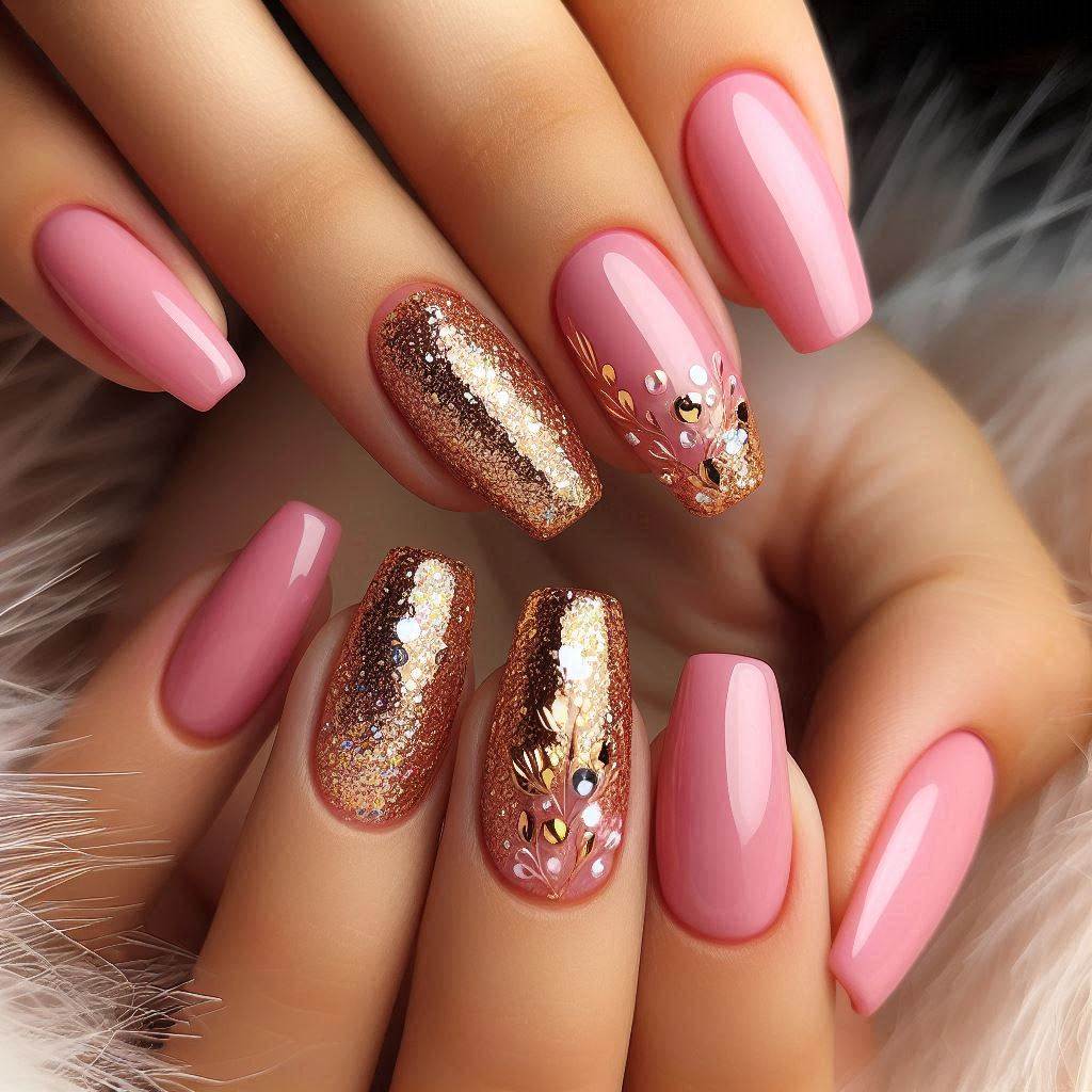 Pink and Gold Glitter Nails