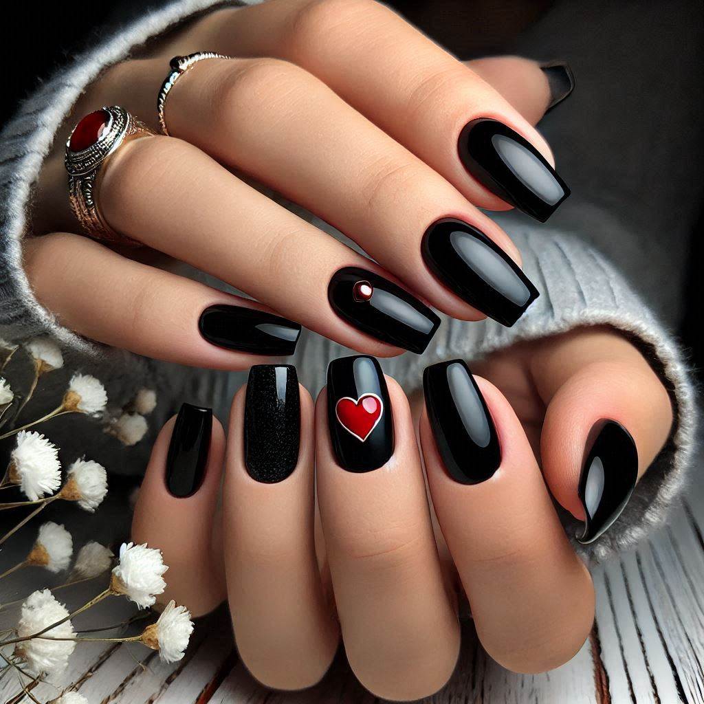 Gel black nails with red heart accent