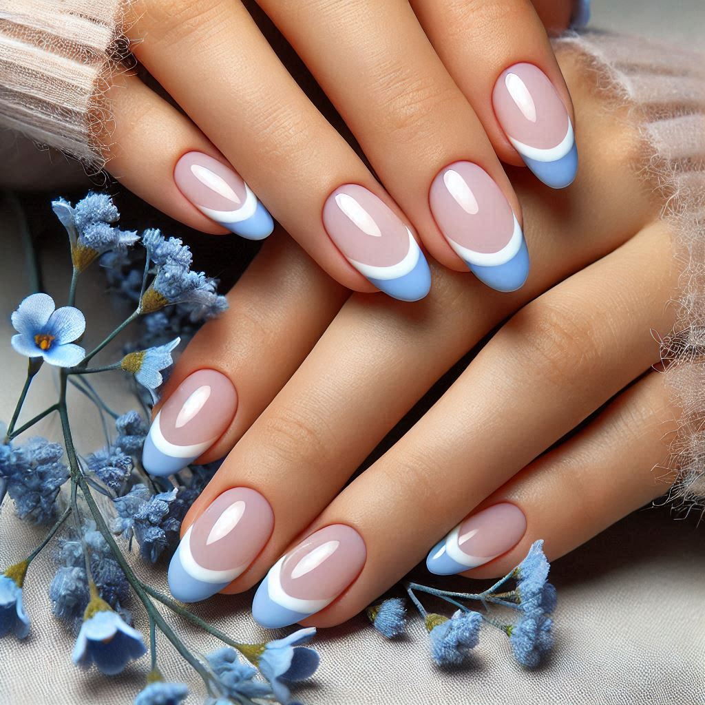 French Tip Design with Light Blue Base