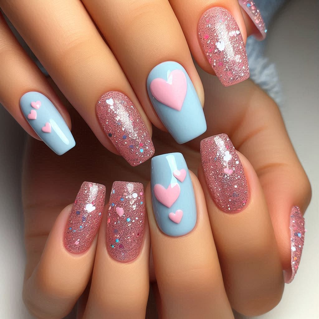 Light Blue Nails with Pink Glitter Heart Art