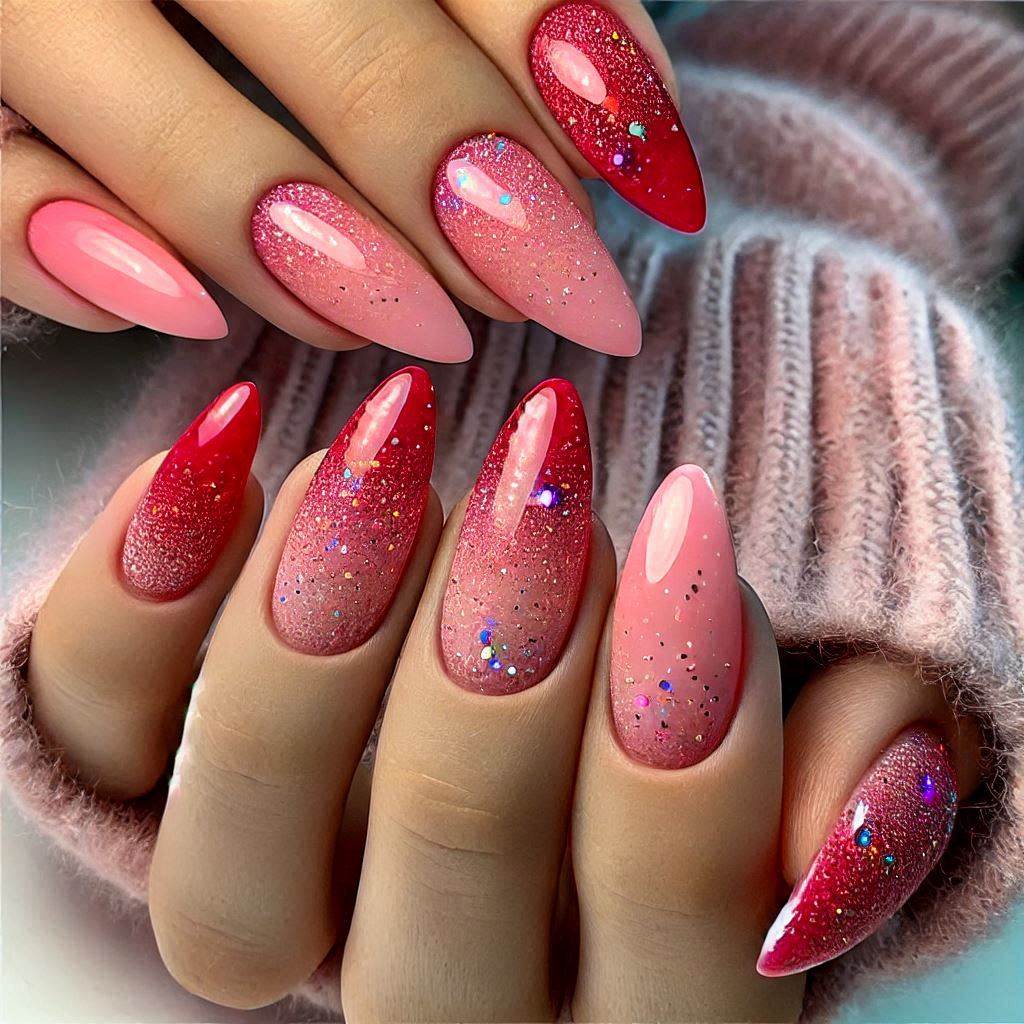 Glitter Ombre Red and Pink Nails