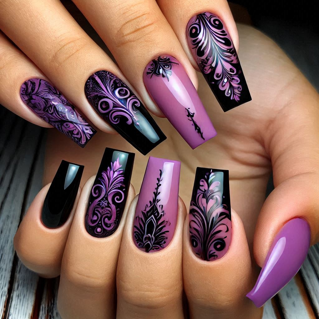 Purple and Black Acrylic Square Nails