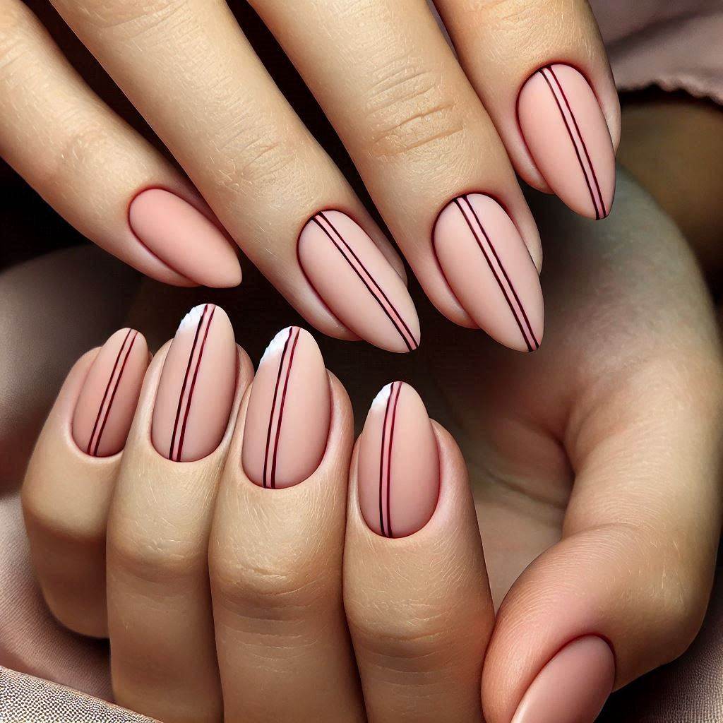 Pink almond nails with minimalist red lines