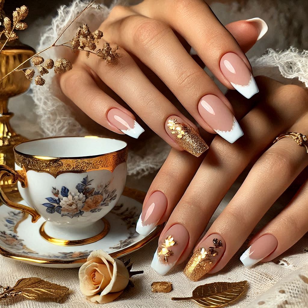 Natural French Nails with Gold Leaf